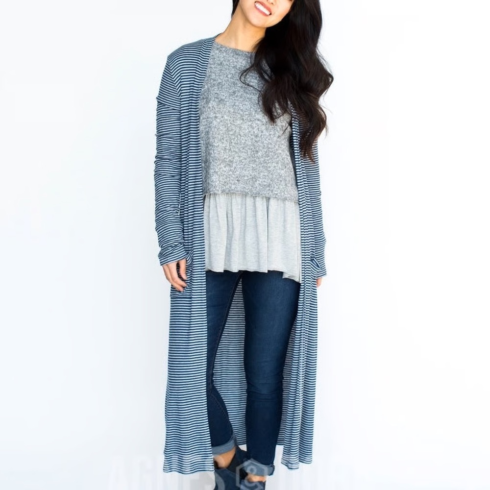 Agnes & Dora, Striped Cardigan Duster, Long-Sleeve Navy & White, Medium